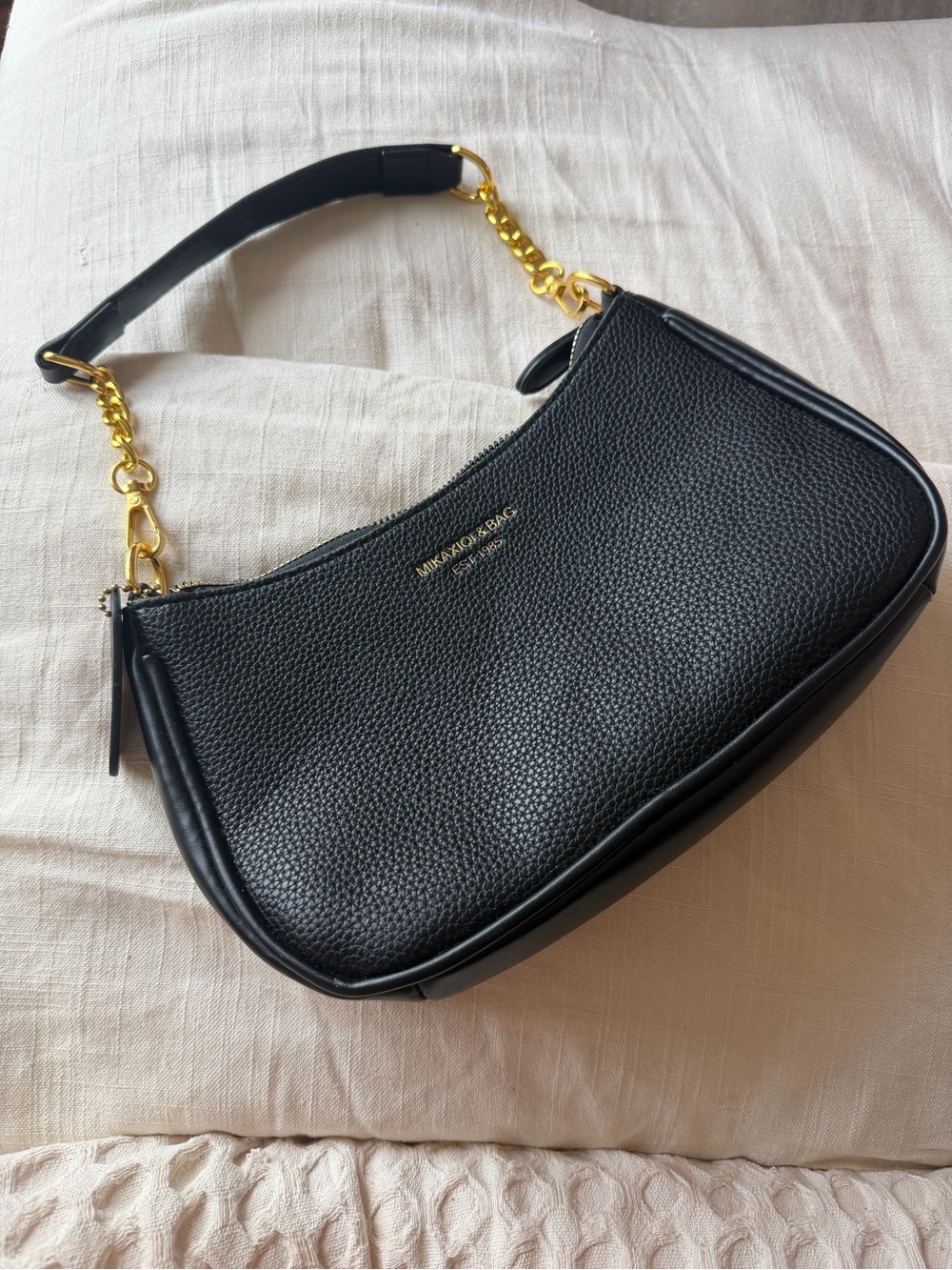 Black Pebbled Leather Shoulder Bag with Gold Chain